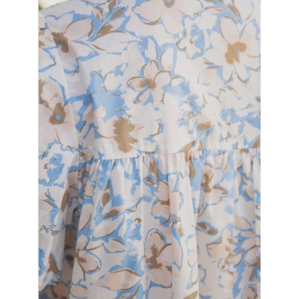 NWT Voy Blue/Brown Floral Escape Bubble Sleeve Tiered Dress~SMALL - Picture 5 of 8